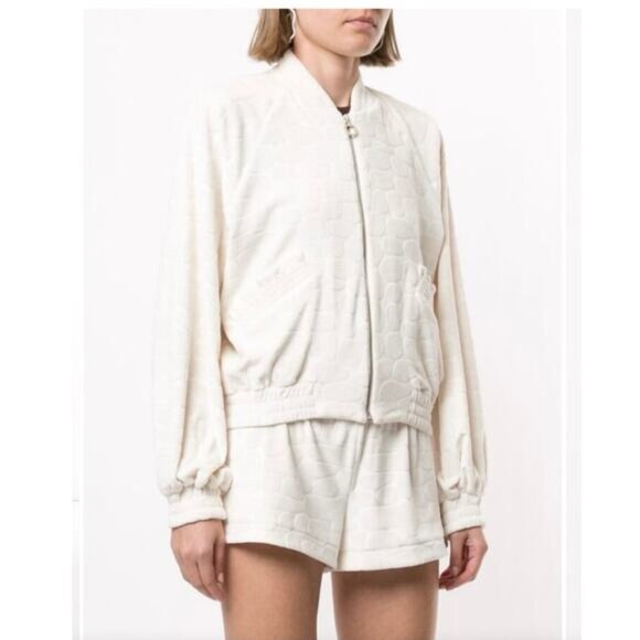 ALEXIS Perkins‎ Women's White Velour Oversized Embossed Bomber Jacket Size XS - Picture 2 of 8